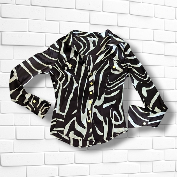 Vintage Cache Silk Blouse Black & White Zebra Print Gold Snaps Bell Cuffs Size S - Picture 2 of 9